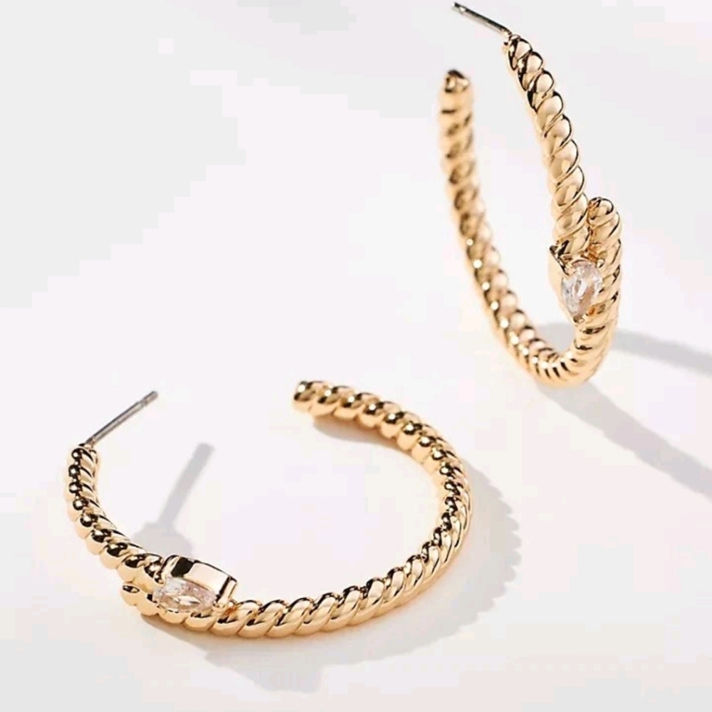 ANTHROPOLOGIE Twisted Gold Hoop Earrings With Crystals NWT